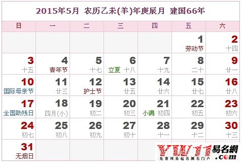 2015年黃歷5月份